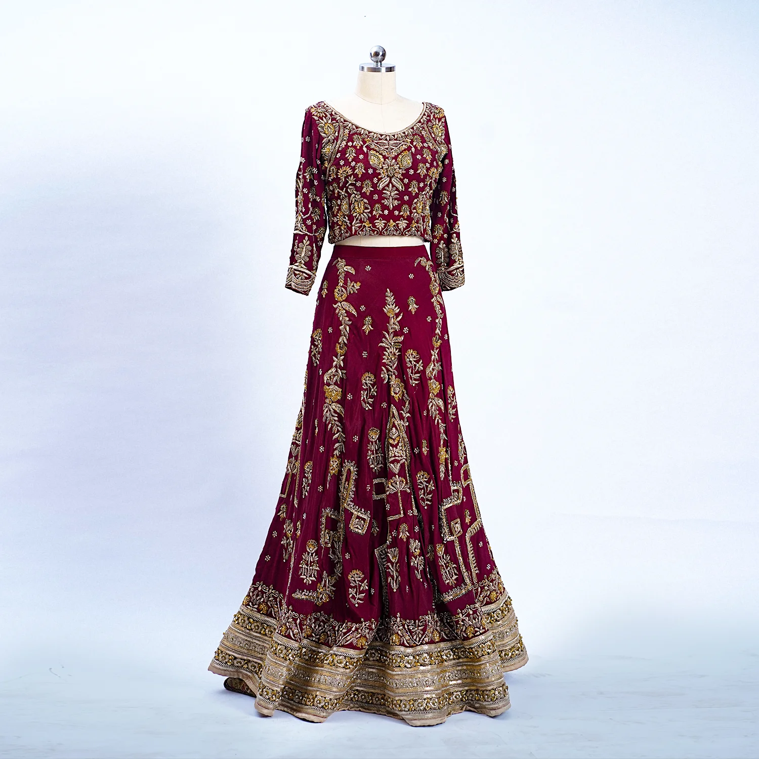 Crimson bridal zardozi with threadwork lehenga