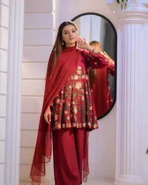 Embroidered Frock with Trousers and Dupatta
