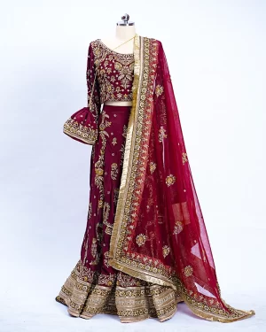 Three-piece crimson wedding wear lehenga