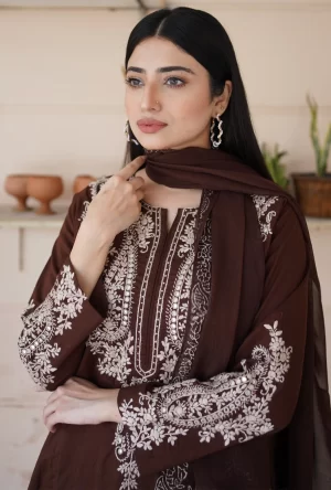 Anusha| Lawn hand embroidered suit with shesha work