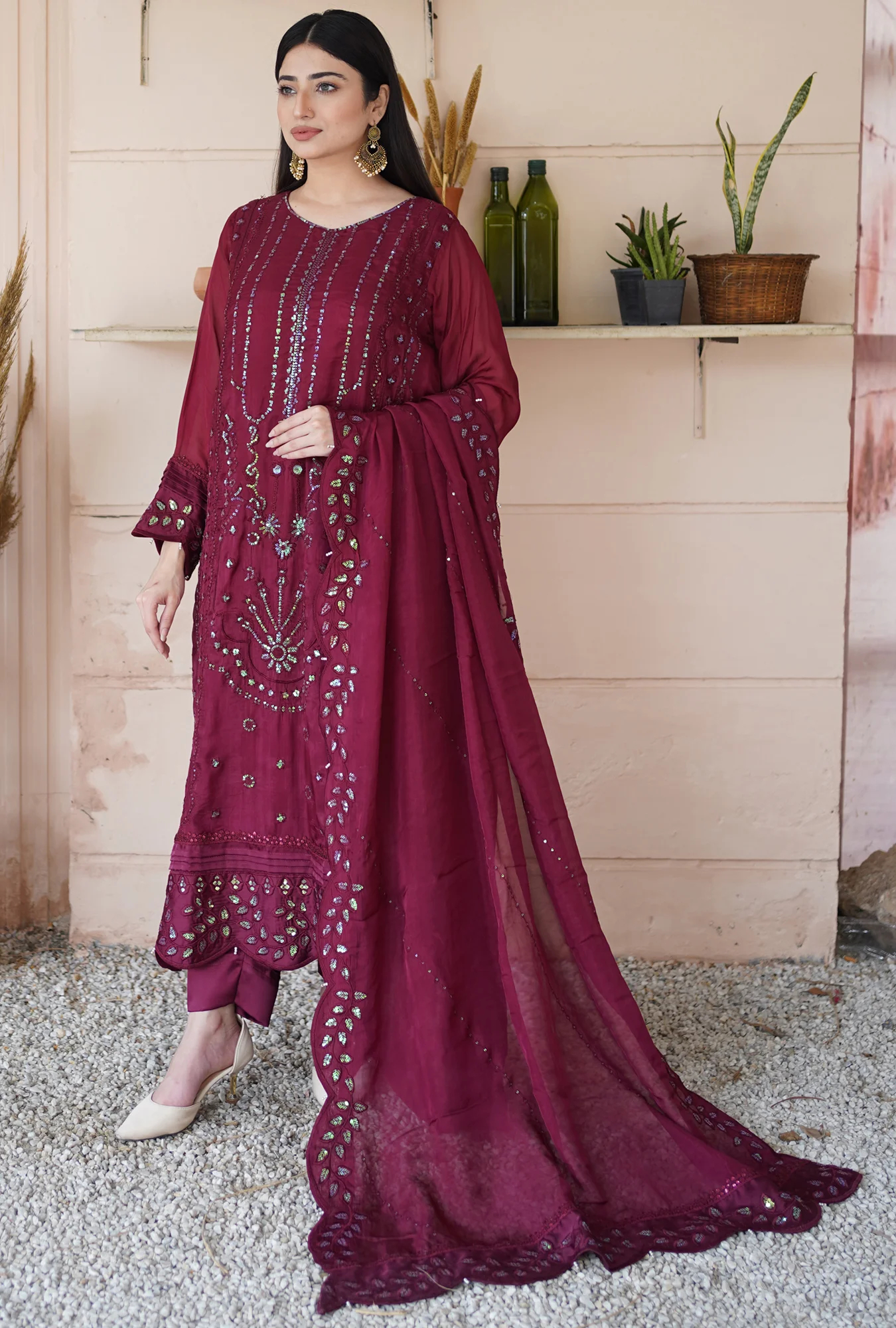 Embroidered medium silk dress for Eid